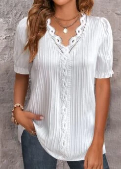 Plus Size White Lace Short Sleeve T Shirt -Rosewe Promotion Store 329555 P 1679207932771