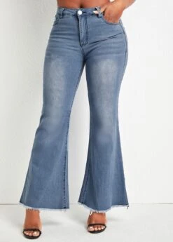 Pocket Denim Blue Zipper Fly Flare Leg Jeans -Rosewe Promotion Store 329573 P 16808514020482