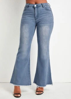 Pocket Denim Blue Zipper Fly Flare Leg Jeans