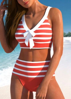 High Waisted Striped Patchwork Coral Bikini Set -Rosewe Promotion Store 329594 P 1679302894992