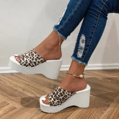 White Leopard Mid Heel Open Toe Sliders
