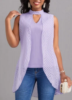 Stand Collar Cut Out Light Purple T Shirt