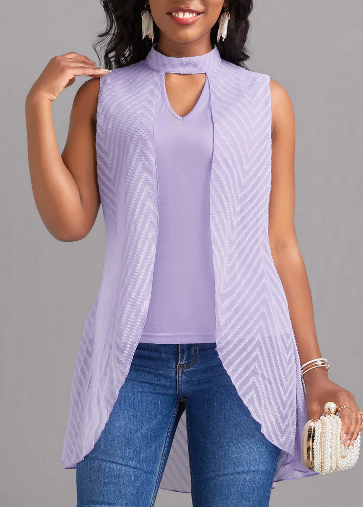 Stand Collar Cut Out Light Purple T Shirt 3 Stand Collar Cut Out Light Purple T Shirt