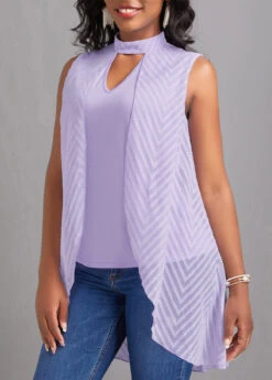 Stand Collar Cut Out Light Purple T Shirt 9 Stand Collar Cut Out Light Purple T Shirt -Rosewe Promotion Store 329652 P 16824236700842