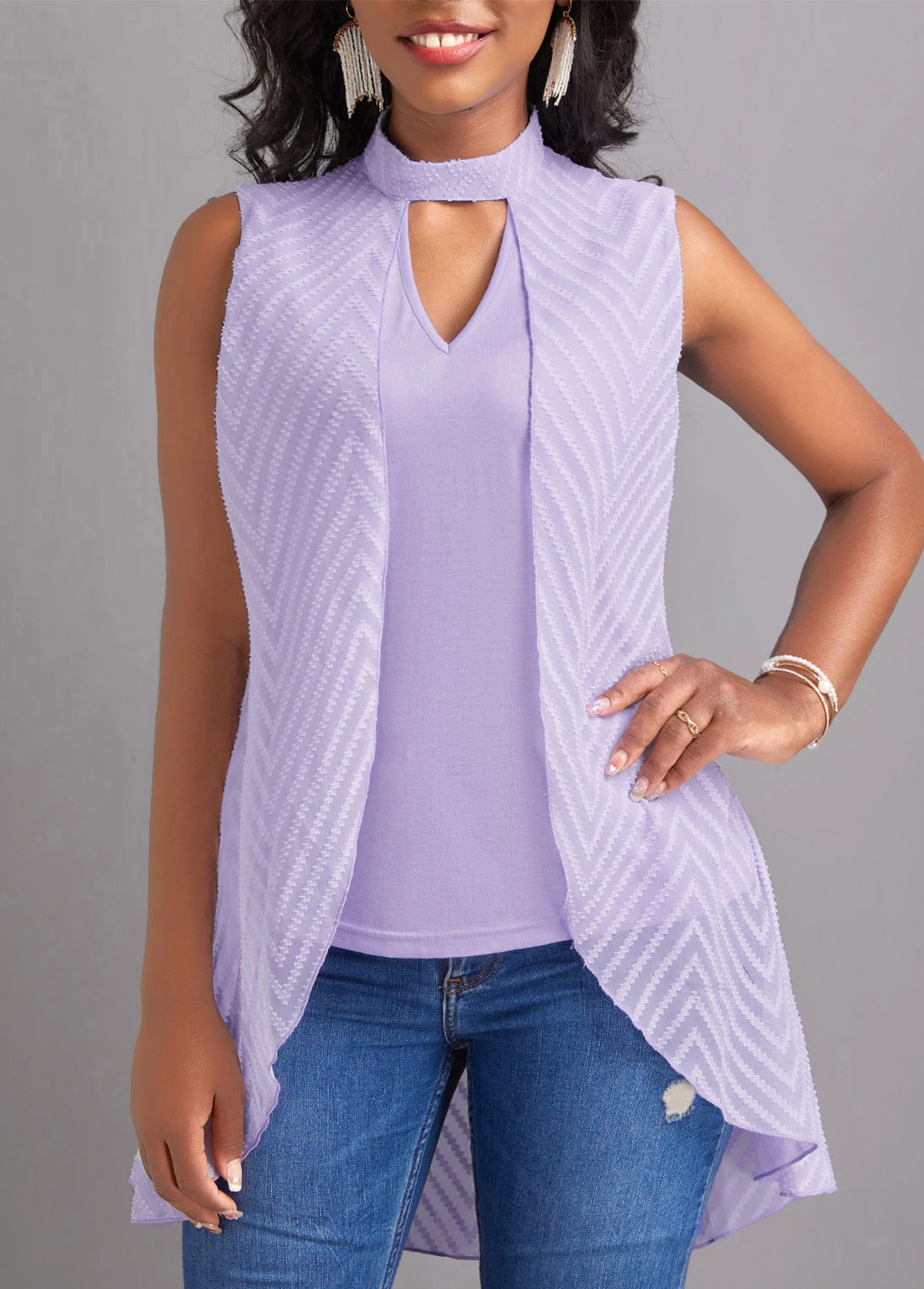 Stand Collar Cut Out Light Purple T Shirt 6 Stand Collar Cut Out Light Purple T Shirt - Image 4