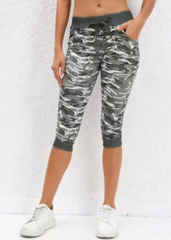 Camouflage Print Sage Green Drawastring Mid Waisted Leggings -Rosewe Promotion Store 329742 P 16817131421304