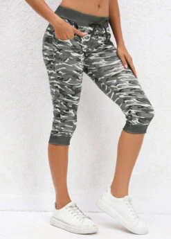 Camouflage Print Sage Green Drawastring Mid Waisted Leggings -Rosewe Promotion Store 329742 P 16817131421970