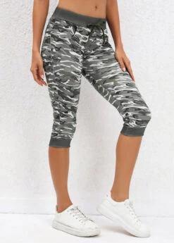 Camouflage Print Sage Green Drawastring Mid Waisted Leggings -Rosewe Promotion Store 329742 P 16817131427743