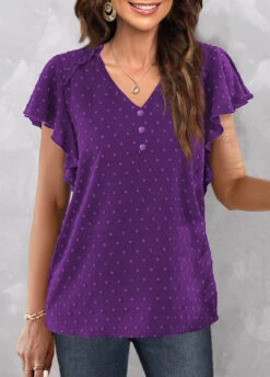 Purple V Neck Short Sleeve Button Blouse