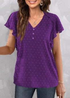 Purple V Neck Short Sleeve Button Blouse -Rosewe Promotion Store 329786 P 1680247451969