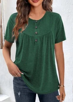 Green Round Neck Short Sleeve Button T Shirt 7 Green Round Neck Short Sleeve Button T Shirt -Rosewe Promotion Store 329788 P 1679397295181