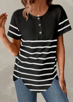 Plus Size Black Button Striped T Shirt -Rosewe Promotion Store 329809 P 1679387224474