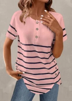 Striped Button Light Pink Round Neck T Shirt