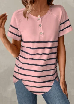 Plus Size Light Pink Button Striped T Shirt -Rosewe Promotion Store 329810 P 1679387240777