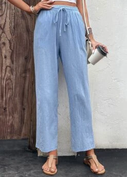 Light Blue Drawastring Pocket High Waisted Pants -Rosewe Promotion Store 329823 P 16818070484365