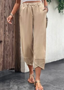 Pocket Elastic Waist High Waisted Light Camel Pants -Rosewe Promotion Store 329825 P 16824776750675