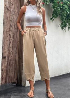 Pocket Elastic Waist High Waisted Light Camel Pants -Rosewe Promotion Store 329825 P 16824776752684
