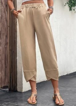 Pocket Elastic Waist High Waisted Light Camel Pants -Rosewe Promotion Store 329825 P 16824776754552