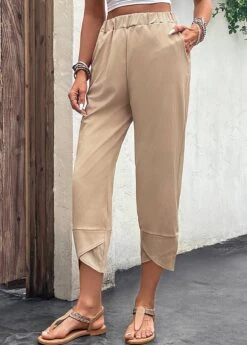Pocket Elastic Waist High Waisted Light Camel Pants -Rosewe Promotion Store 329825 P 16824776754783
