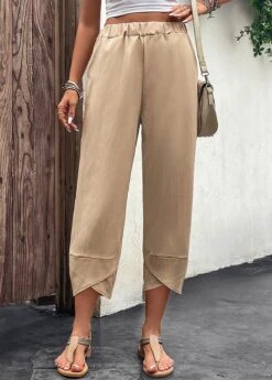 Pocket Elastic Waist High Waisted Light Camel Pants