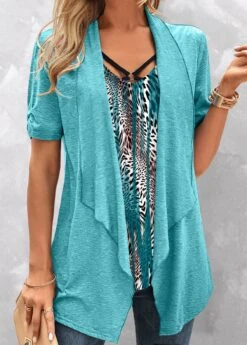 Leopard Fake 2in1 Turquoise V Neck T Shirt -Rosewe Promotion Store 329870 P 1680502128020