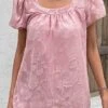 Square Neck Ruched Pink Short Sleeve Blouse -Rosewe Promotion Store 329940 P 16831691256060
