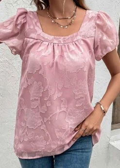 Square Neck Ruched Pink Short Sleeve Blouse -Rosewe Promotion Store 329940 P 16831691256774