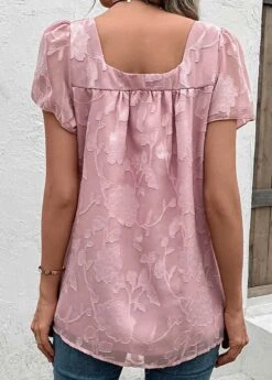 Square Neck Ruched Pink Short Sleeve Blouse -Rosewe Promotion Store 329940 P 16831691259671