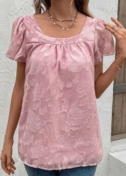 Square Neck Ruched Pink Short Sleeve Blouse -Rosewe Promotion Store 329940 P 16831691259753