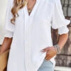 Smocked Patchwork White Split Neck Blouse -Rosewe Promotion Store 329957 P 1679475188158
