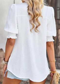 Smocked Patchwork White Split Neck Blouse -Rosewe Promotion Store 329957 P 1679475188268