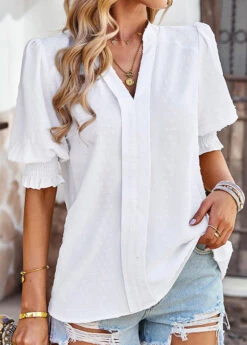 Smocked Patchwork White Split Neck Blouse -Rosewe Promotion Store 329957 P 1679475188394