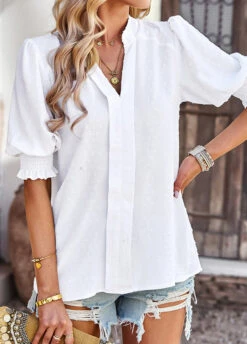 Smocked Patchwork White Split Neck Blouse -Rosewe Promotion Store 329957 P 1679475189420