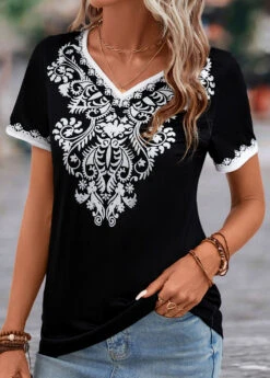 Tribal Print Patchwork Black V Neck T Shirt -Rosewe Promotion Store 329987 P 16831845131482