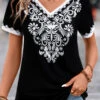 Tribal Print Patchwork Black V Neck T Shirt -Rosewe Promotion Store 329987 P 16831845132690
