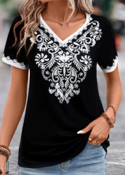 Tribal Print Patchwork Black V Neck T Shirt