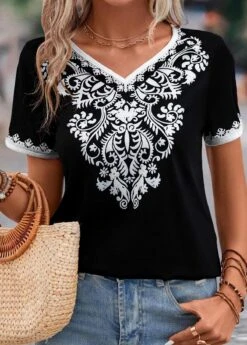 Tribal Print Patchwork Black V Neck T Shirt -Rosewe Promotion Store 329987 P 16831845133593