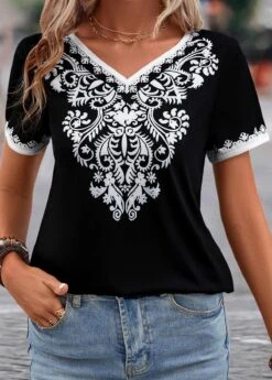 Tribal Print Patchwork Black V Neck T Shirt -Rosewe Promotion Store 329987 P 16831845134195