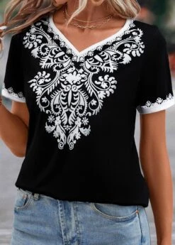 Tribal Print Patchwork Black V Neck T Shirt -Rosewe Promotion Store 329987 P 16831845135354