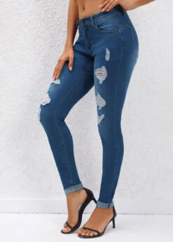 Button Fly Pocket Navy Jogger Mid Waisted Jeans -Rosewe Promotion Store 329998 P 16817132311094