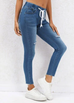 Drawastring Pocket Dark Blue Skinny Mid Waisted Jeans -Rosewe Promotion Store 330002 P 16817133720762