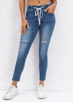 Drawastring Pocket Dark Blue Skinny Mid Waisted Jeans -Rosewe Promotion Store 330002 P 16817133720813