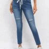 Drawastring Pocket Dark Blue Skinny Mid Waisted Jeans -Rosewe Promotion Store 330002 P 16817133729944