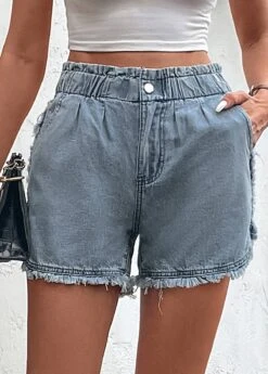 Blue Button Fly High Waisted Pocket Denim Shorts