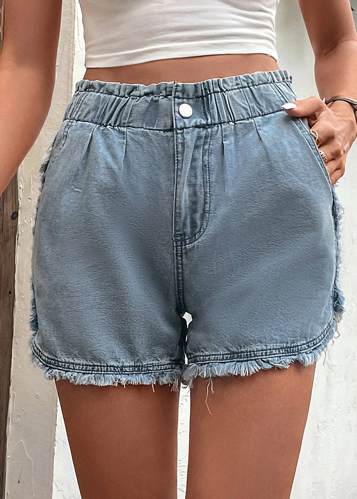 Blue Button Fly High Waisted Pocket Denim Shorts 5 Blue Button Fly High Waisted Pocket Denim Shorts - Image 3