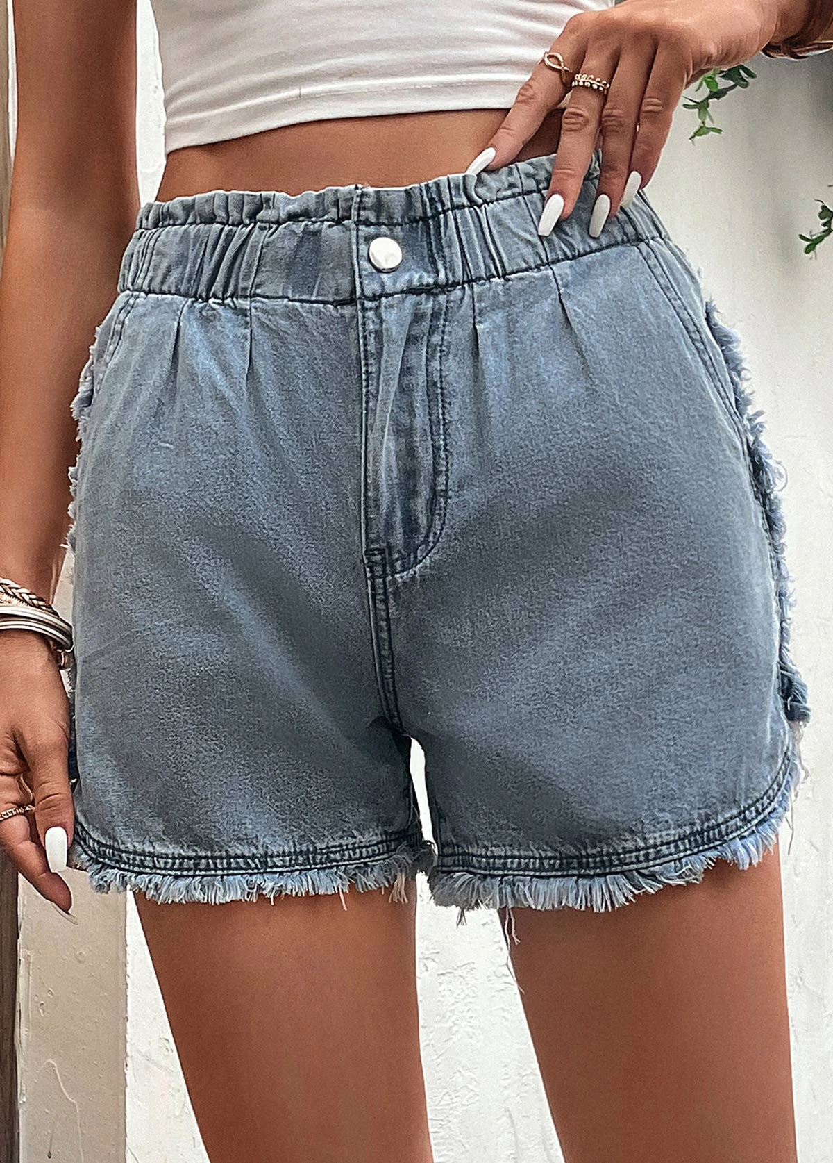 Blue Button Fly High Waisted Pocket Denim Shorts 6 Blue Button Fly High Waisted Pocket Denim Shorts - Image 4