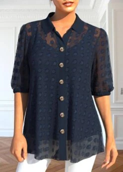 Shirt Collar Button Navy Half Sleeve Blouse