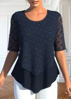V Neck Layered Navy Short Sleeve Blouse