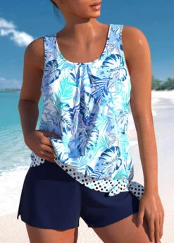 High Waisted Floral Print Bowknot Blue Tankini Set