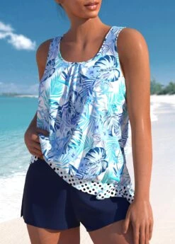 Plus Size High Waisted Blue Floral Print Tankini Set -Rosewe Promotion Store 330023 P 1679651012995